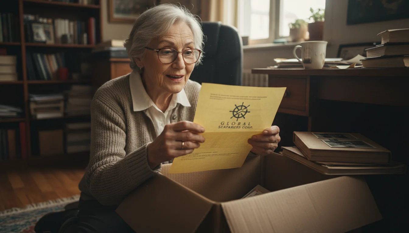 A woman in her mid-70s kneeling beside a dusty cardboard box, pulling out a faded financial statement with a look of surprise.