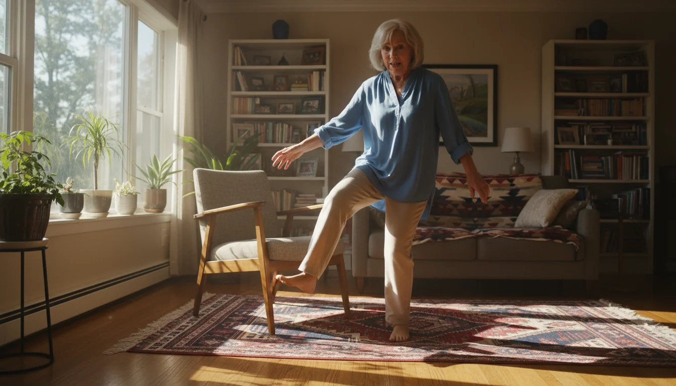 A woman in her 70s takes a quick, wide step to regain balance after stumbling on a living room rug, showing surprise and relief.