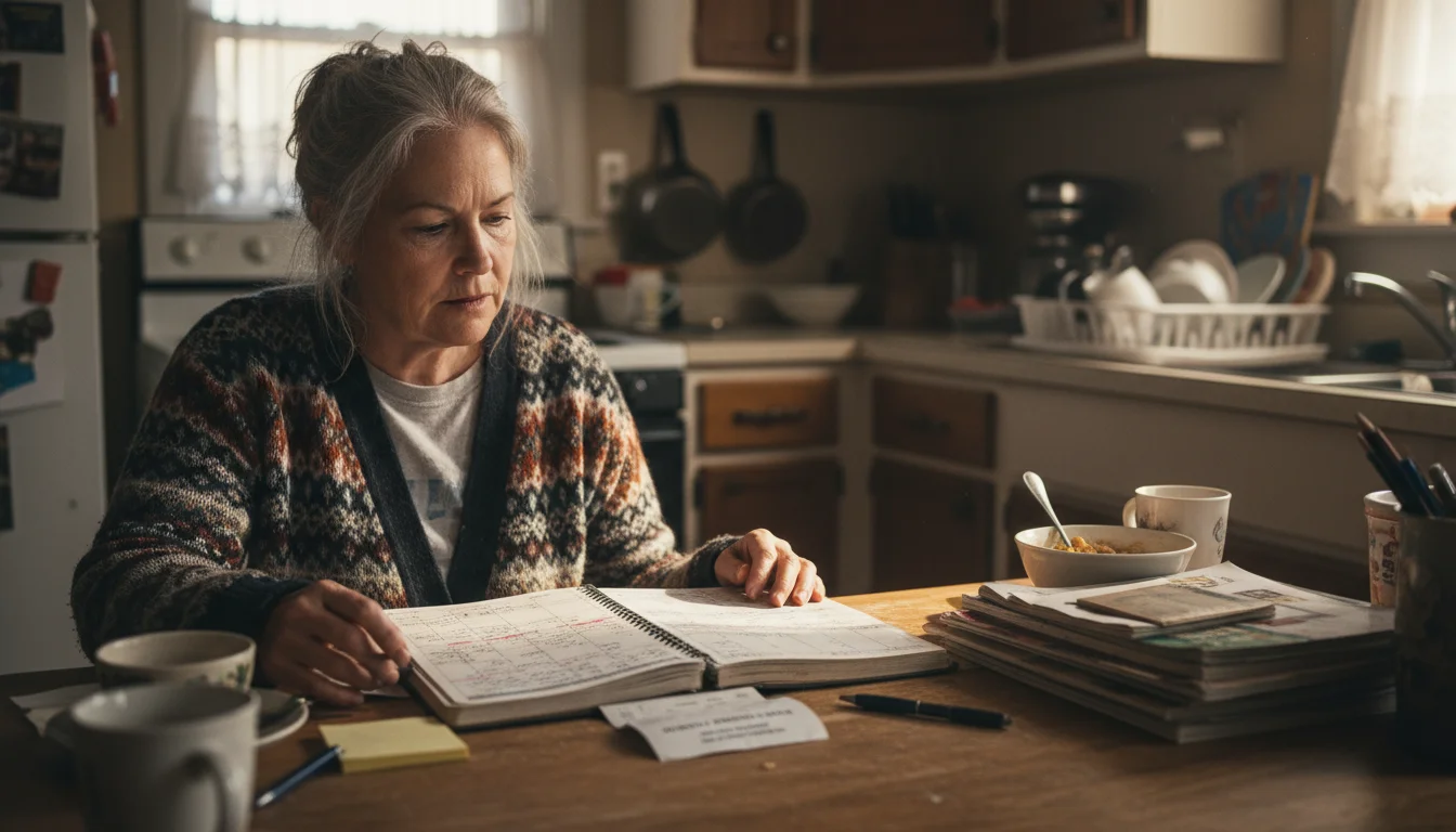 A woman, mid-caregiving, rubs her temple while looking at a cluttered day planner filled with appointments and bills on a kitchen table.