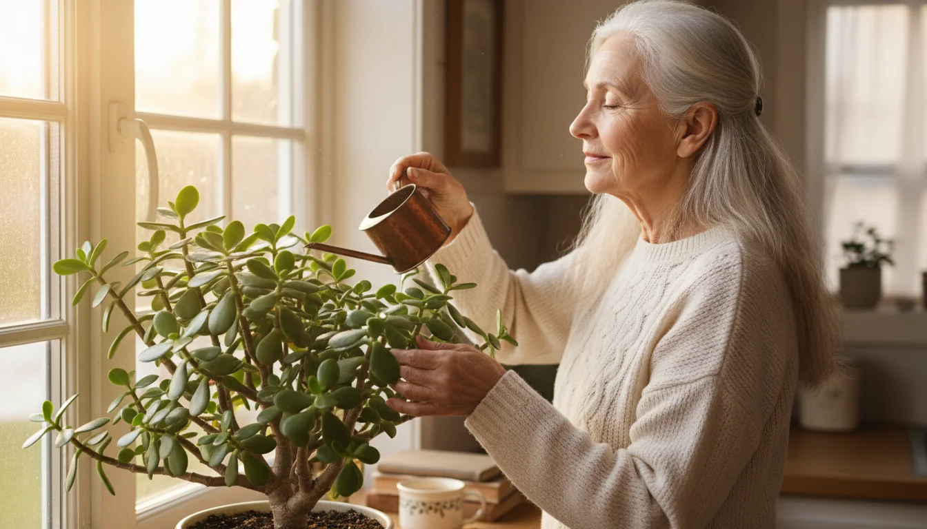 A 92-year-old Caucasian woman with silver hair, watering a thriving jade plant on a sunlit kitchen windowsill, her face turned gently to the light.