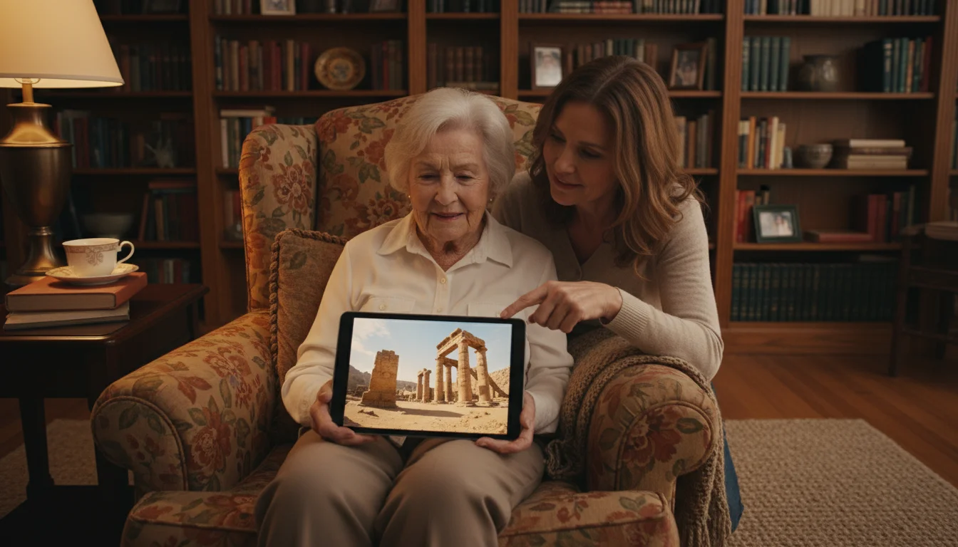 An 80-year-old woman and her daughter share a tablet, exploring a virtual ancient ruin in a living room.