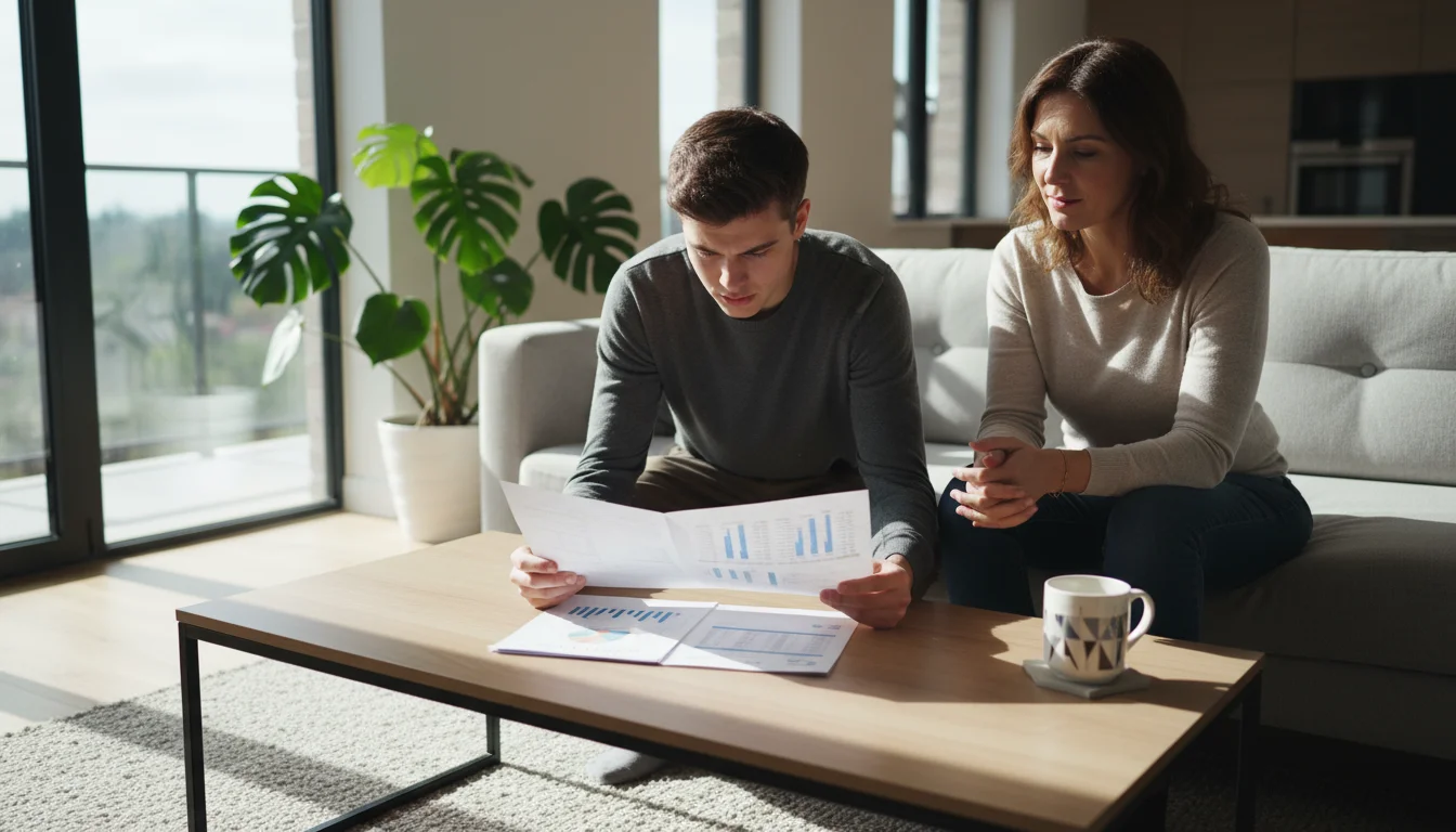 A young adult, around 20, studies a financial document at a coffee table, with a parent observing supportively beside them.