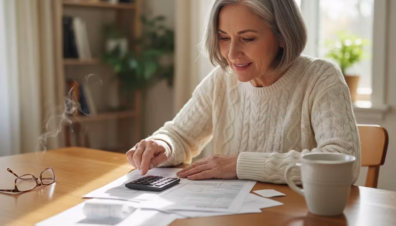 Adult daughter guides her elderly mother's hand over tax documents and receipts on a wooden table, emphasizing collaborative financial planning.