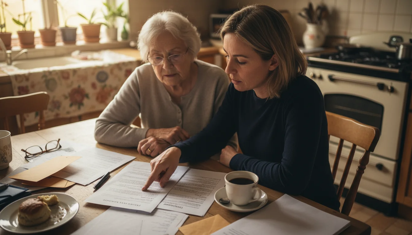 An adult daughter and her elderly mother carefully review a detailed home care service agreement together at a kitchen table.