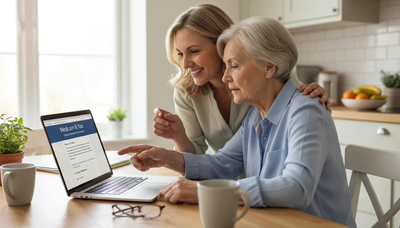 Adult daughter and her elderly mother viewing home care information on a laptop together in a bright kitchen.