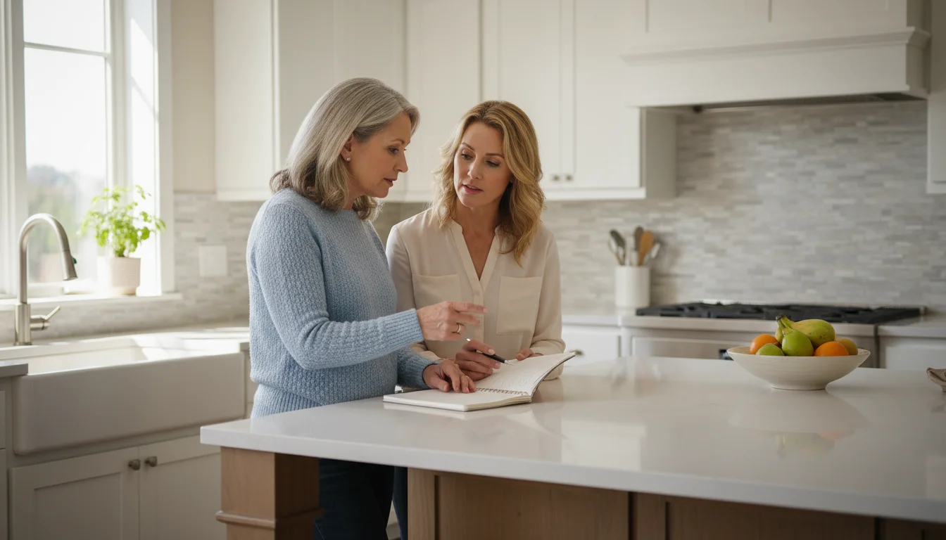 Adult daughter and home care aide discussing care plans by a bright kitchen island, looking at a notebook.