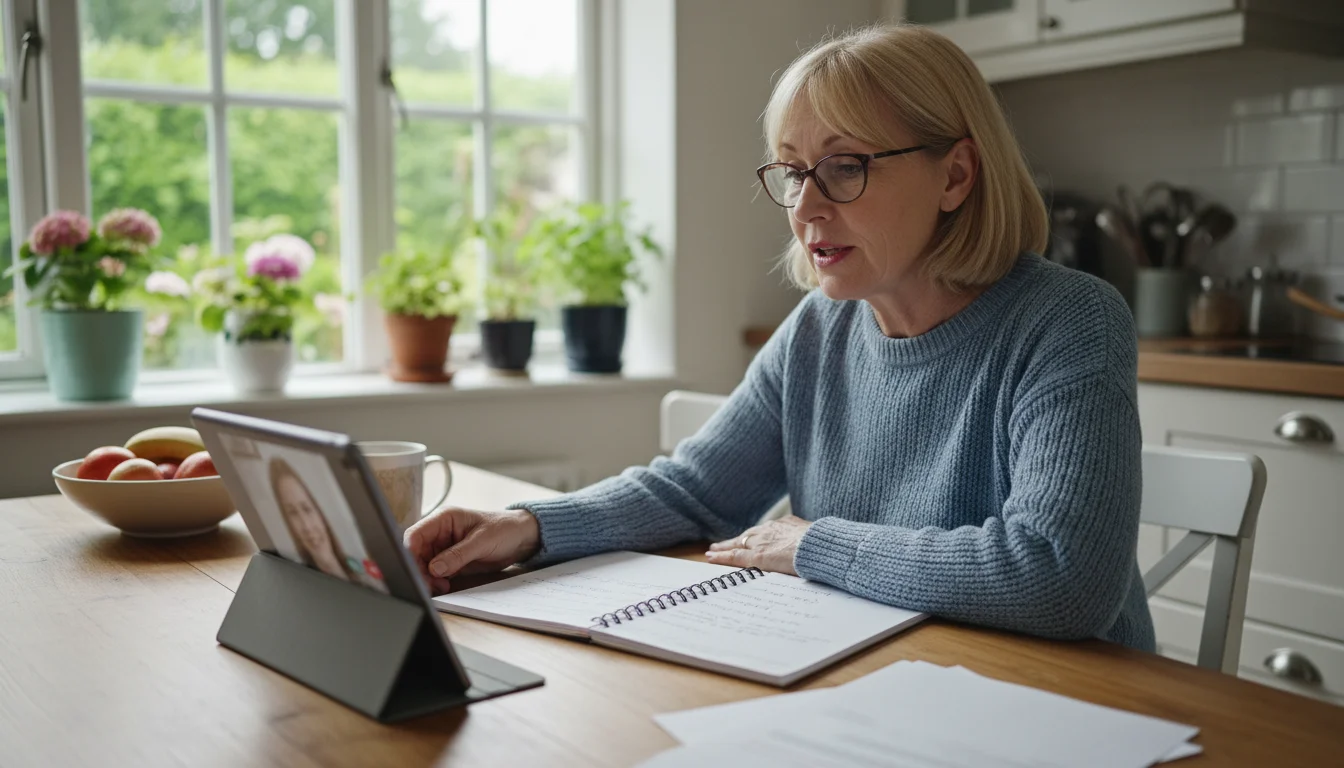 An adult daughter talks on a video call, looking at her tablet and a notebook with notes at her kitchen table.