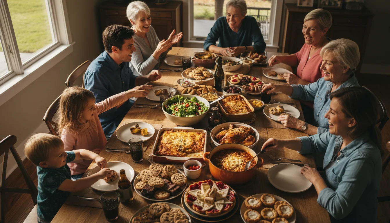 An aerial view of a dining table laden with a variety of homemade potluck dishes, with multiple family hands reaching for food.
