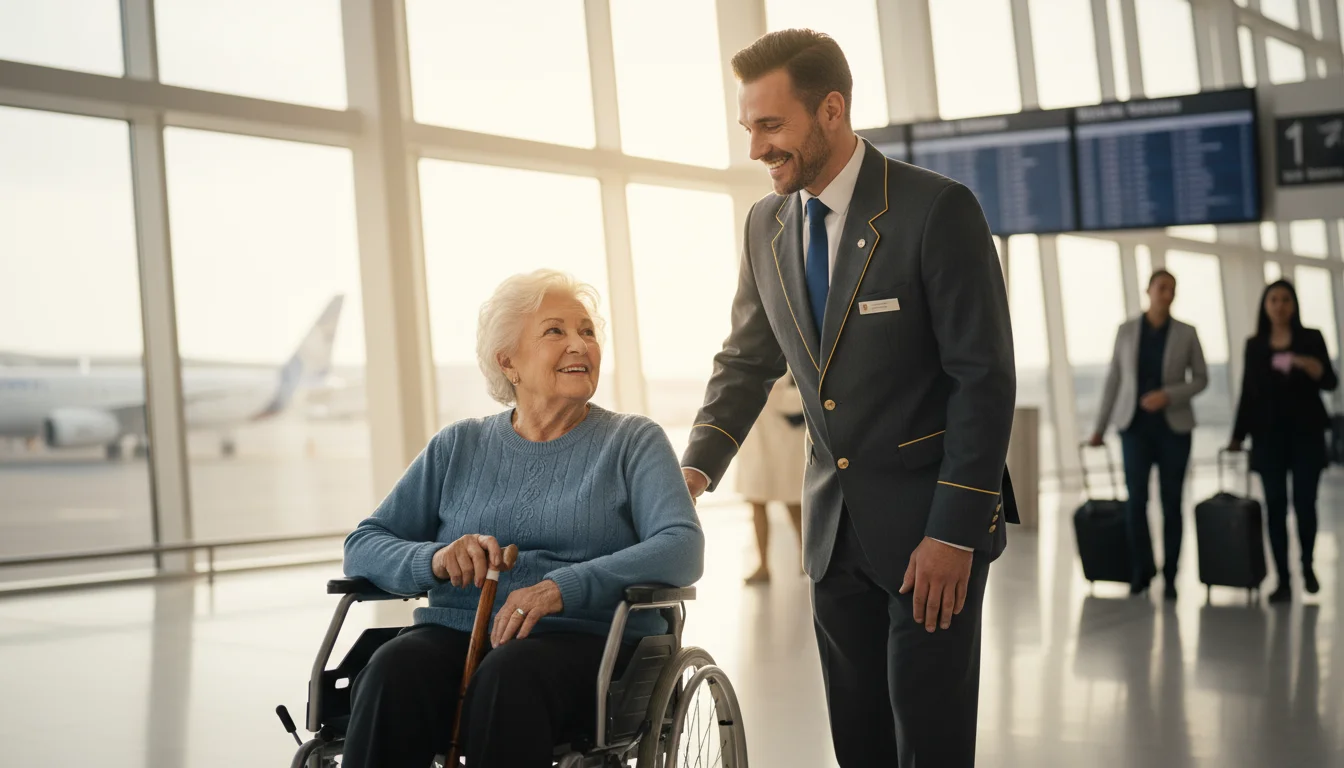 An airline representative assists an older woman in a wheelchair at an airport terminal.