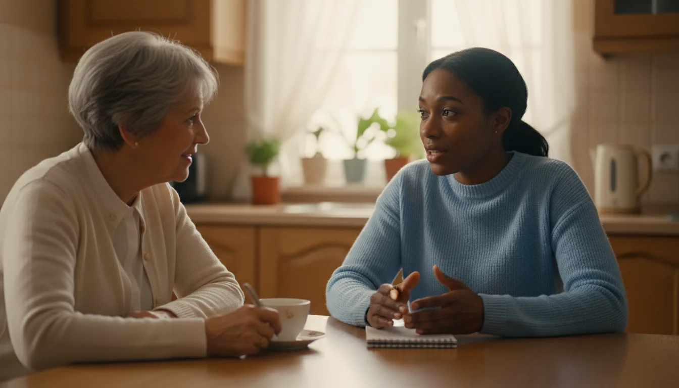 A Black female caregiver applicant speaks earnestly to an older white woman, who listens thoughtfully with a notepad in a home kitchen.