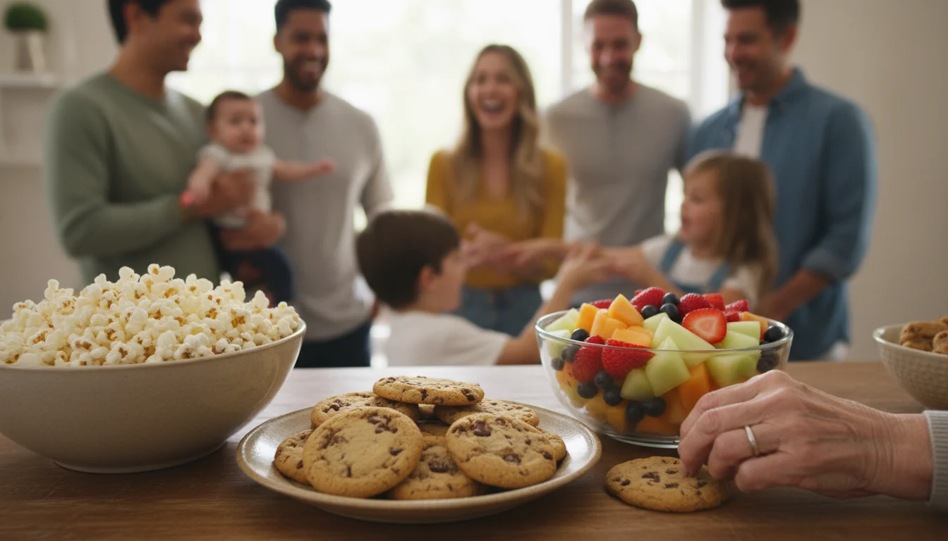 A casual snack and dessert bar with popcorn, cookies, and fresh fruit. An older hand reaches for a cookie, a child's hand for fruit.