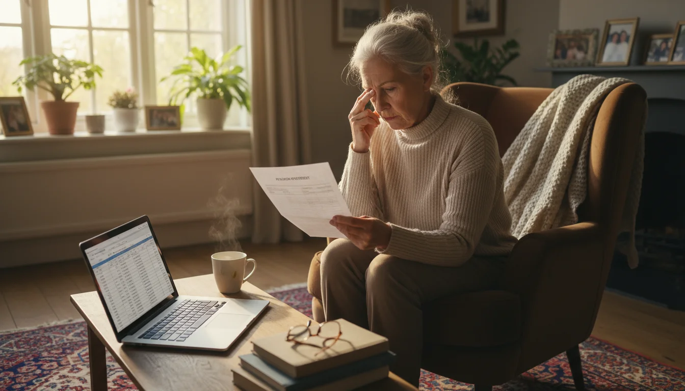 A contemplative older woman in a living room, holding a pension statement and pinching her nose, with an 'IRA Rollover' page open on a laptop nearby.