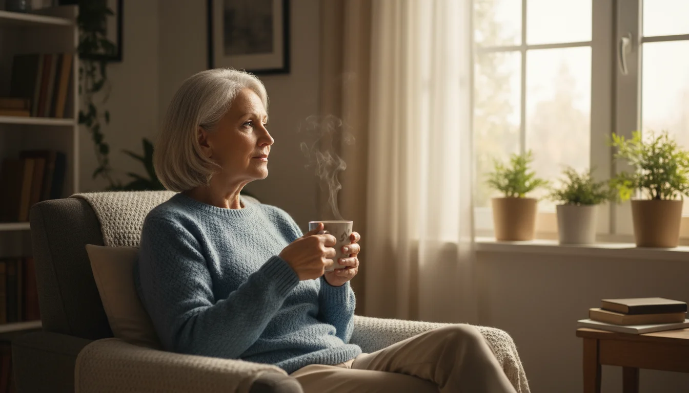 A contemplative older woman sips tea by a sunlit window in her quiet, cozy home during a peaceful morning.