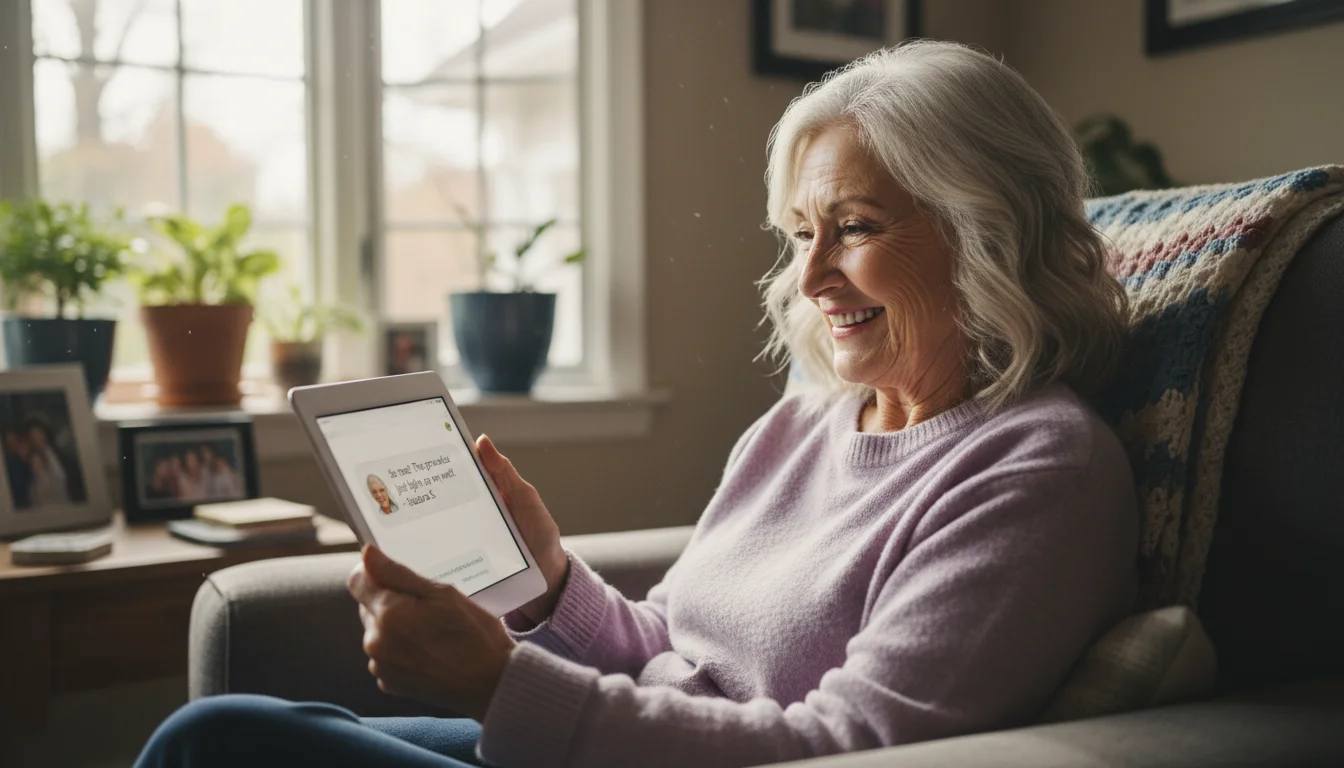 A content senior woman in a cozy armchair smiles warmly while looking at her tablet screen, connecting with an online community.