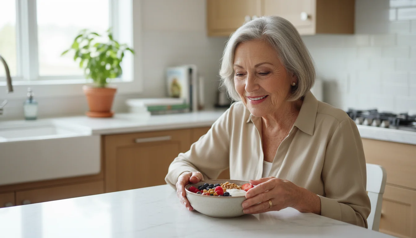 A contented older woman with a warm smile is enjoying a bowl of fresh fruit and yogurt for breakfast in a sunlit kitchen.