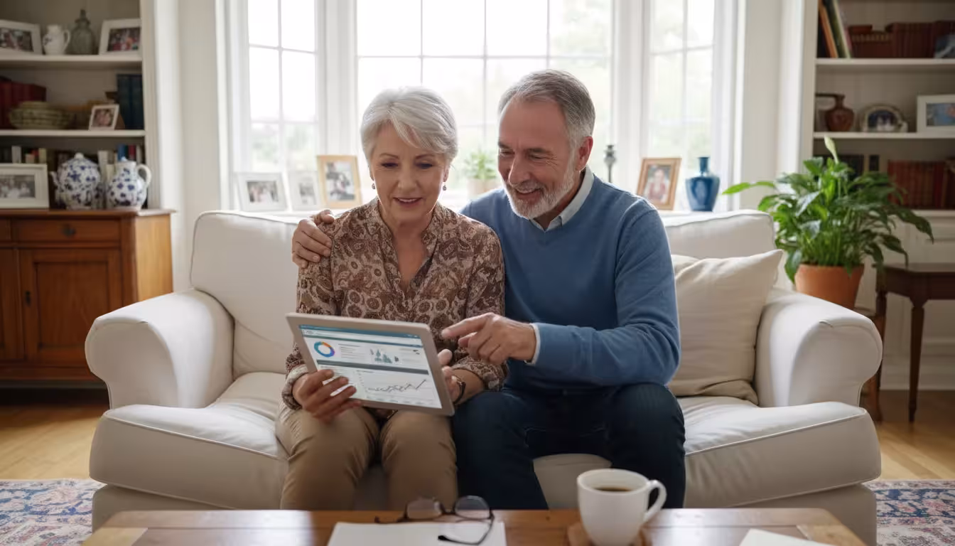 A couple in their early 60s sits on a sofa, looking at a tablet together, discussing health insurance options.