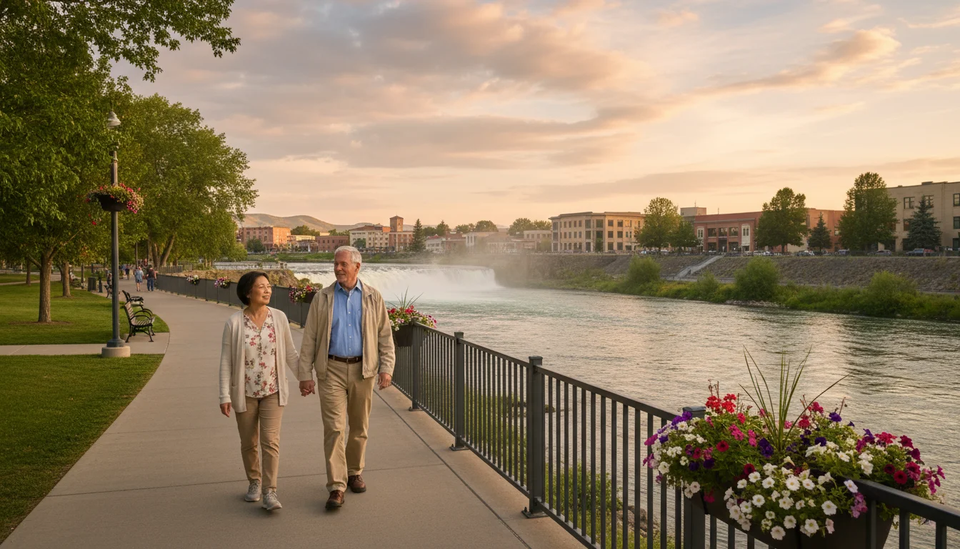 A couple in their 60s pauses on the Idaho Falls River Walk, observing the Snake River, distant falls, and charming downtown buildings.