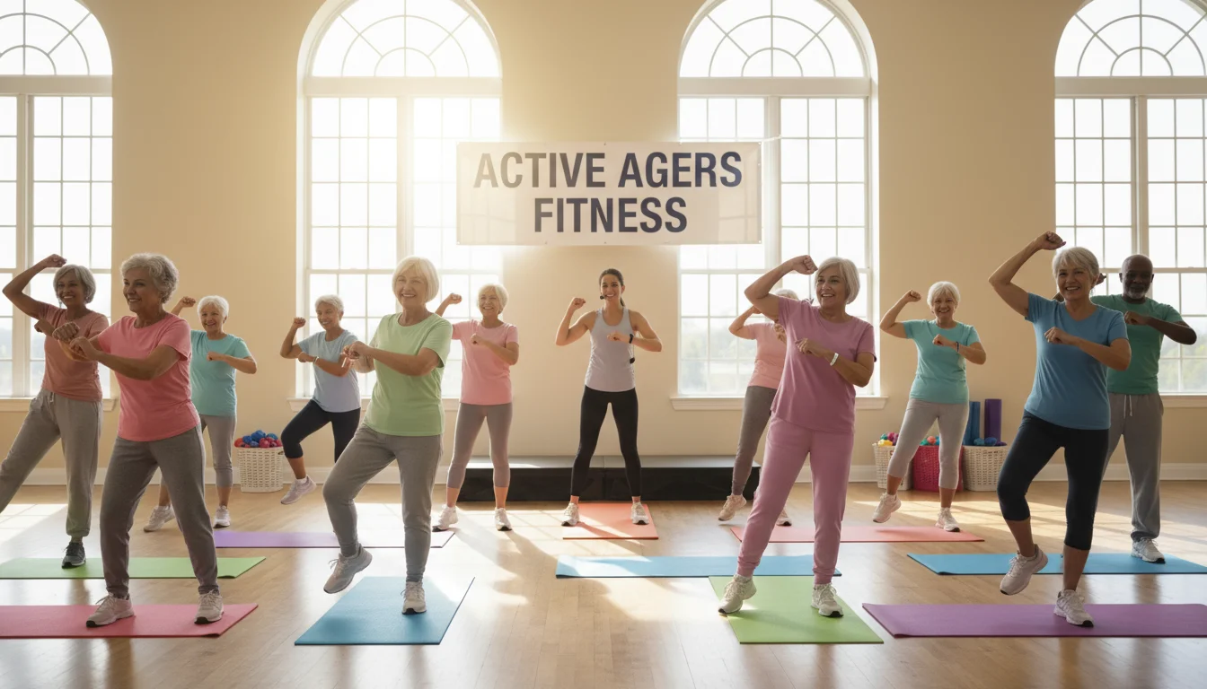 A diverse group of seniors smiling and stretching during a guided fitness class in a bright community center.
