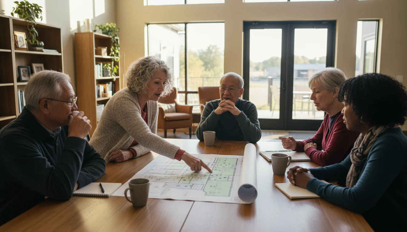 Diverse older adults discuss a community garden plan around a large table in a sunlit common house, with private homes visible through windows.
