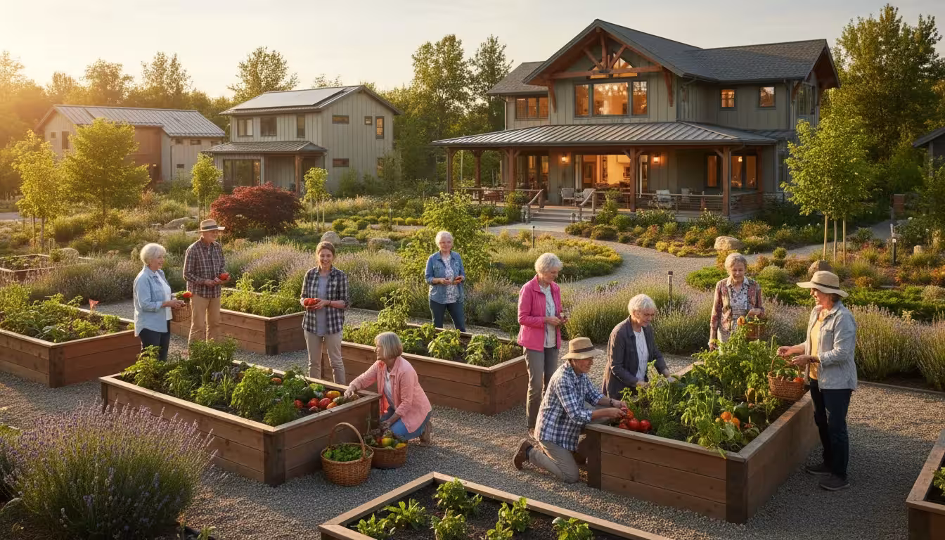 Diverse older adults gardening together in a shared community garden with a lit common house and private homes in the background at sunset.