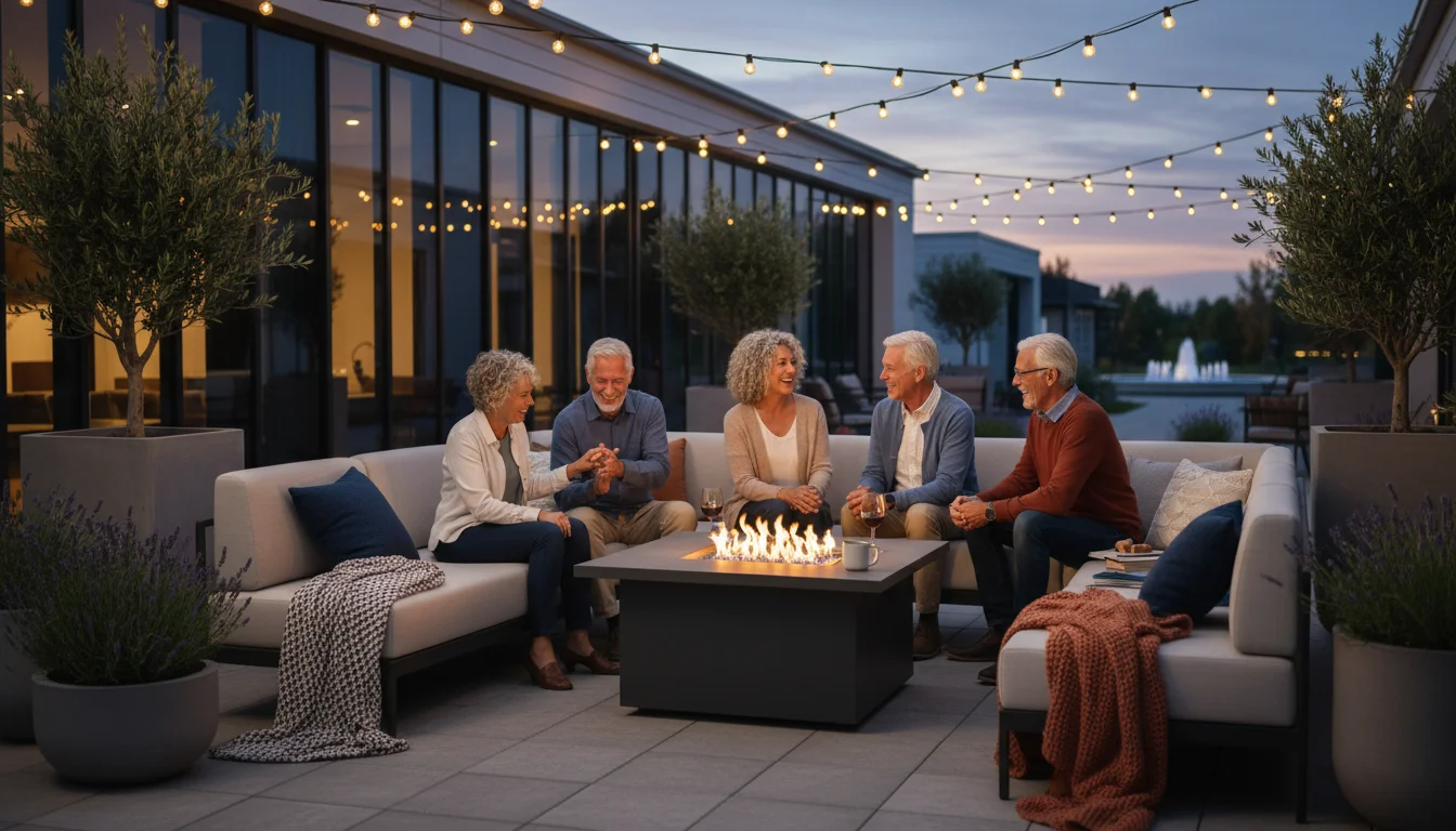 Diverse older adults (60s-80s) laughing and talking around a modern fire pit on an outdoor patio at twilight, string lights overhead.