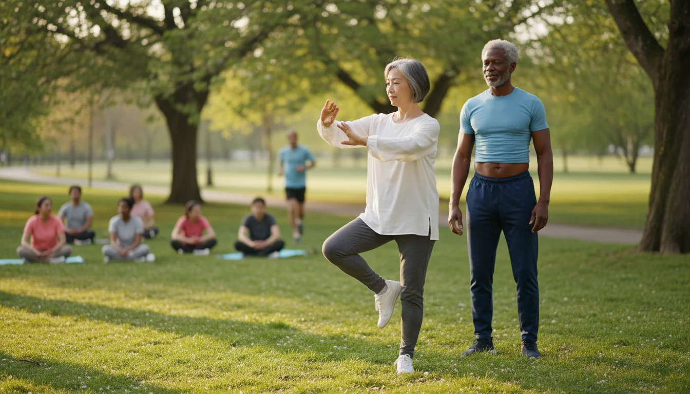 Diverse older adults performing balance and posture exercises in a park. An East Asian woman balances on one leg, and an African American man stands t