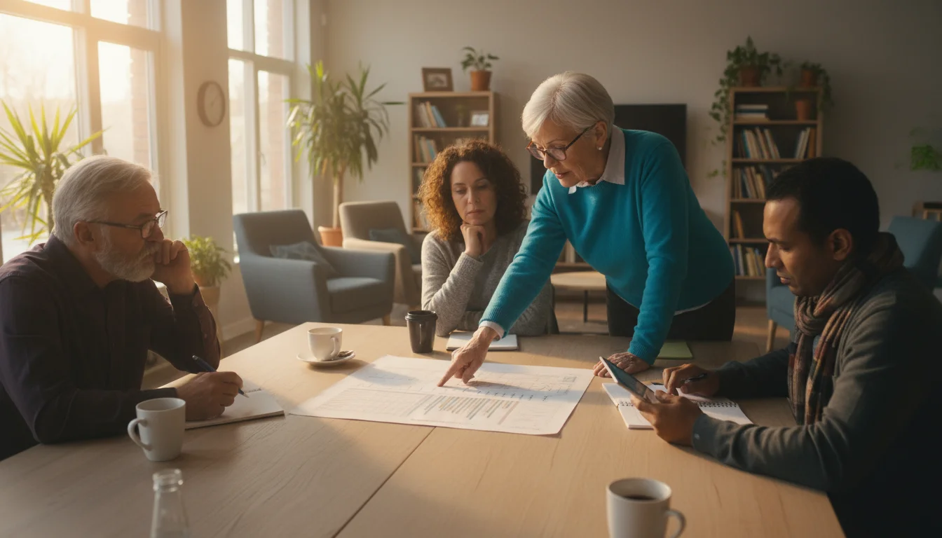 Diverse older adults review a large financial report at a table in a bright co-housing common room, one pointing to a budget item.