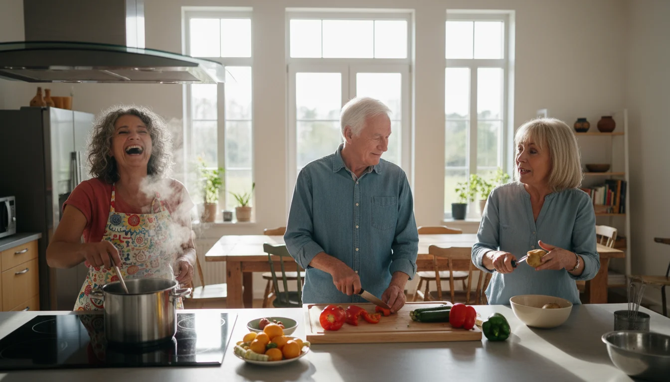 Diverse older adults share laughter and conversation while preparing a meal together in a bright, modern senior co-housing kitchen.