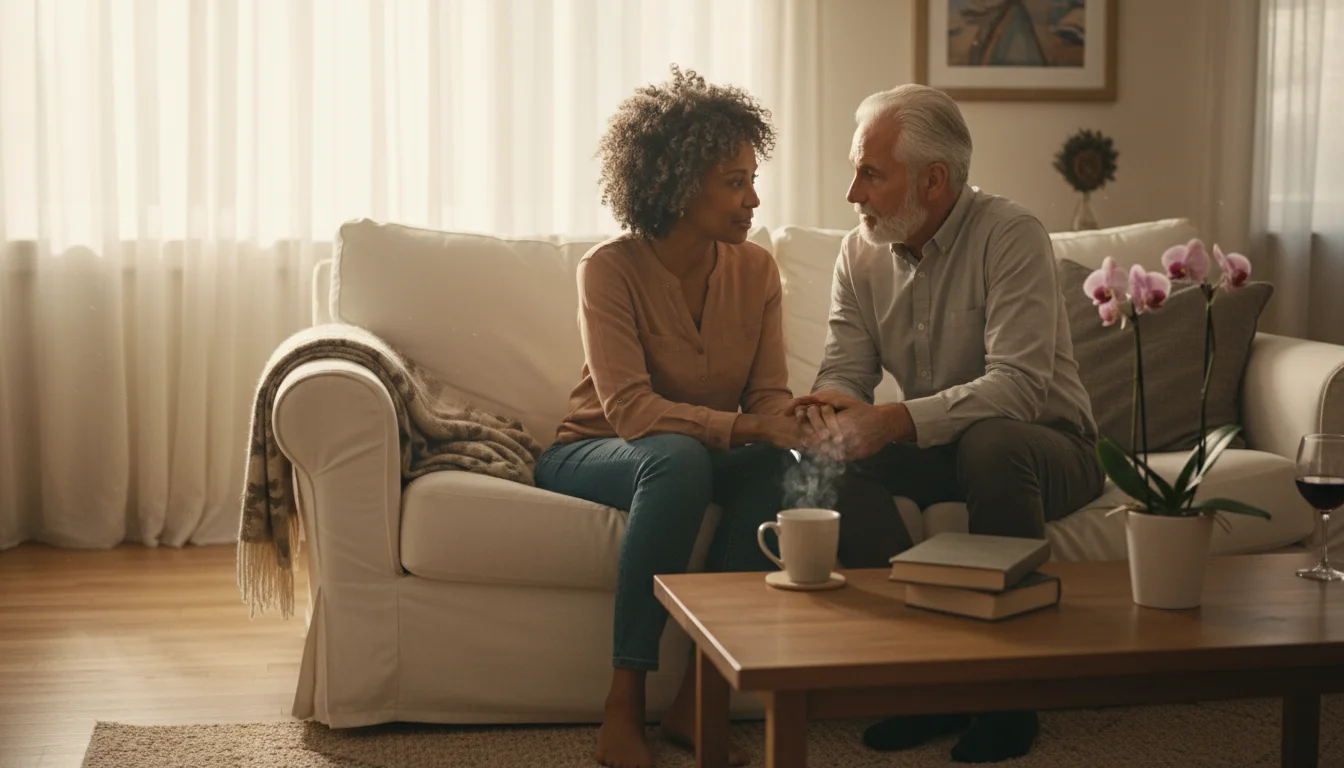 A diverse senior couple (mid-late 60s) sitting on a sofa, facing each other with hands clasped, engaged in serious conversation.