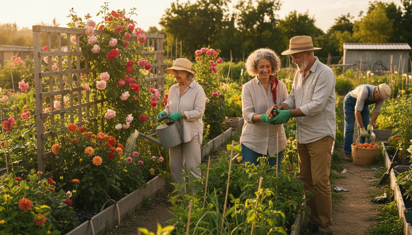 Diverse seniors in a community garden, one man teaching a woman to prune, another watering, two chatting. Lush plants.