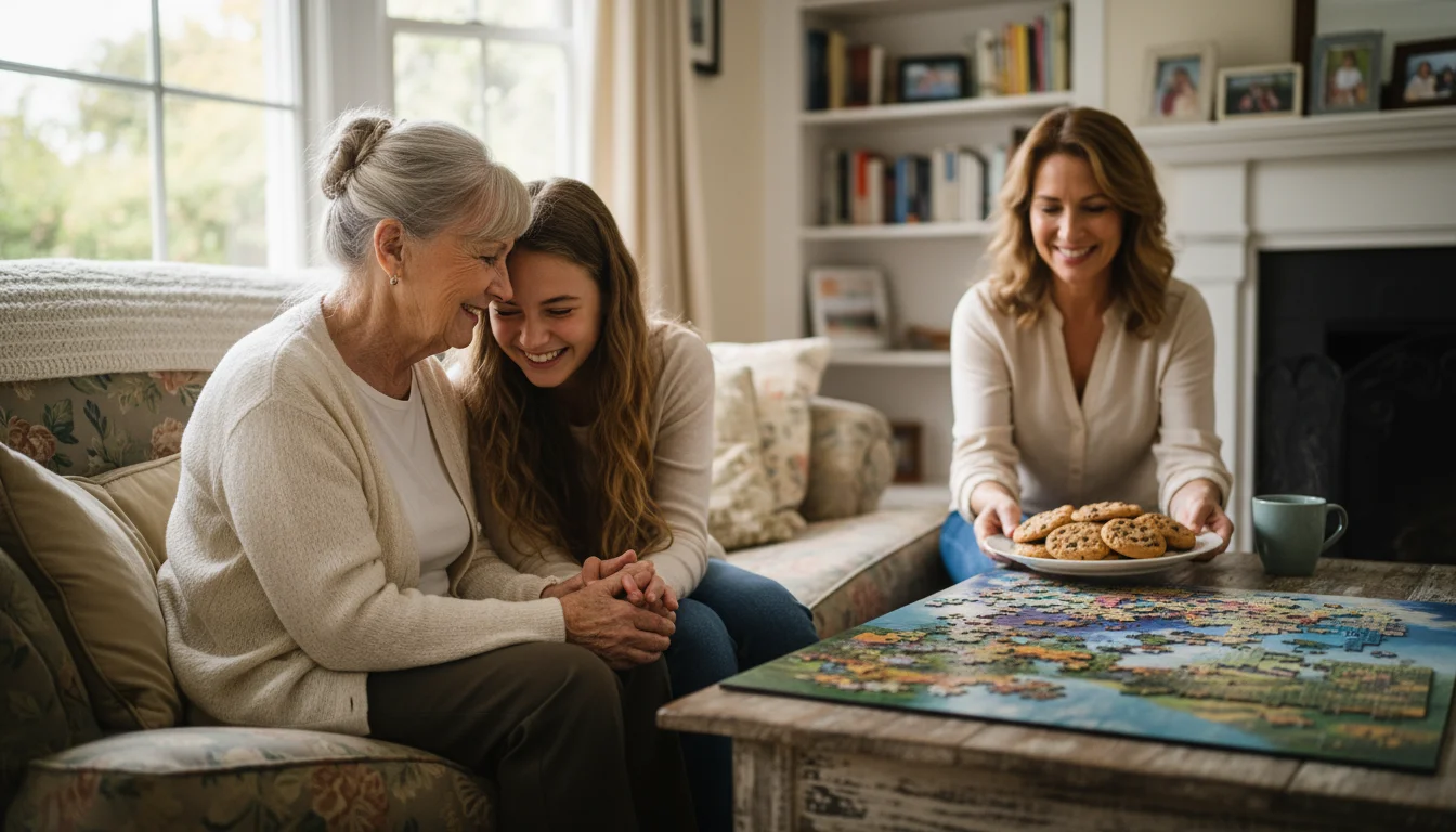 An elderly grandmother and her teenage granddaughter share a laugh on a sofa, with an adult placing cookies nearby.