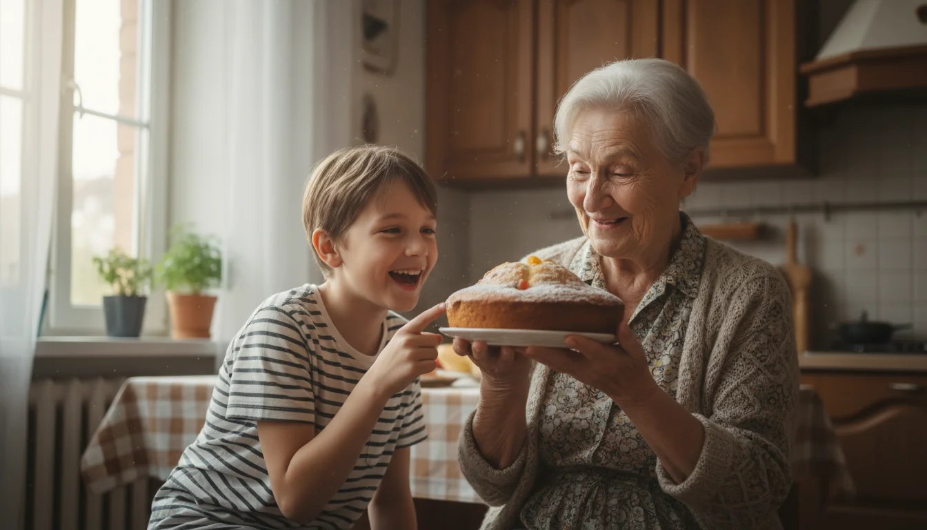 An elderly grandmother and young grandchild share a laugh over a slightly lopsided homemade cake in a kitchen.