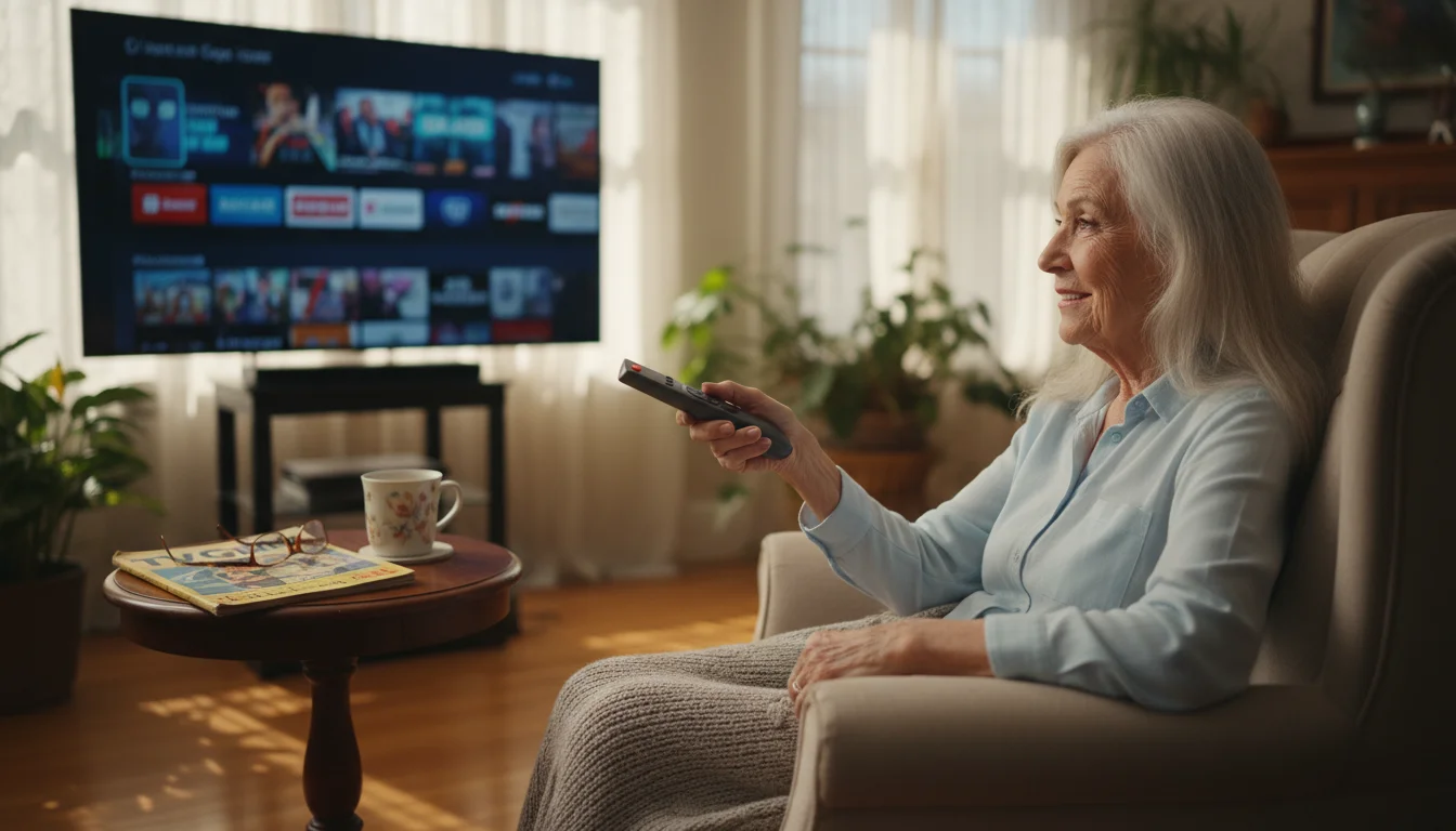 An elderly woman comfortably uses a remote to watch streaming content on a large screen in her bright living room. A vintage TV Guide is on a nearby t