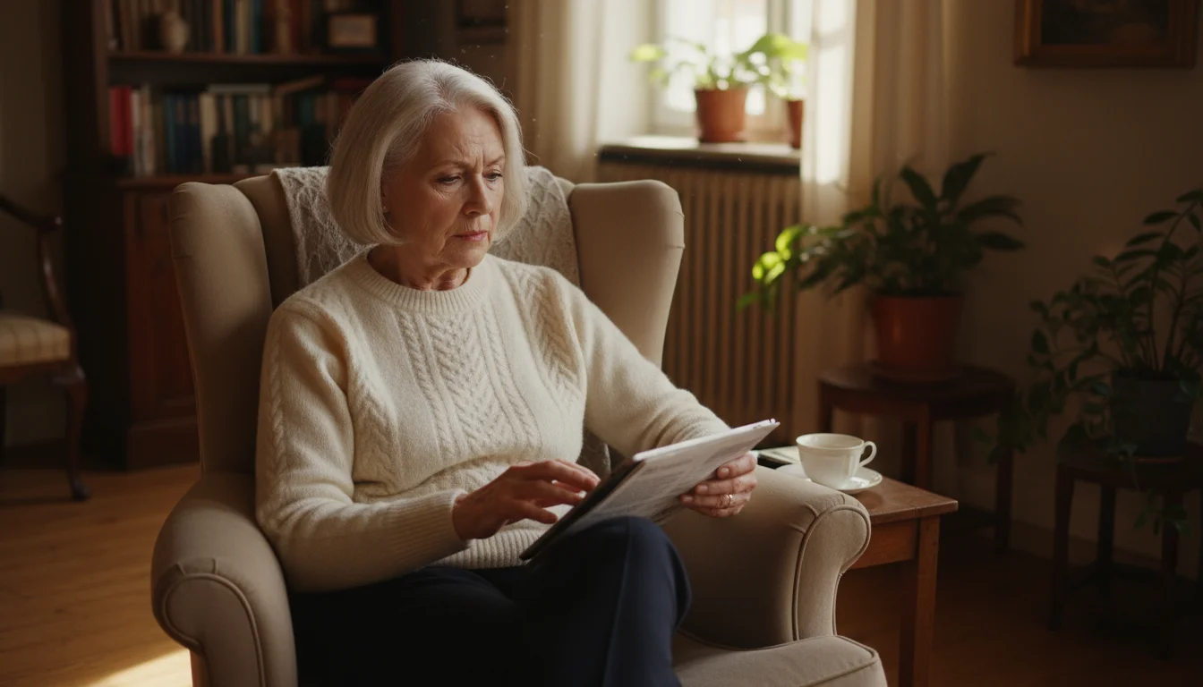 Elderly woman, early 80s, seated in a cozy armchair, gently holding and thoughtfully reading a document or tablet in a sunlit living room.