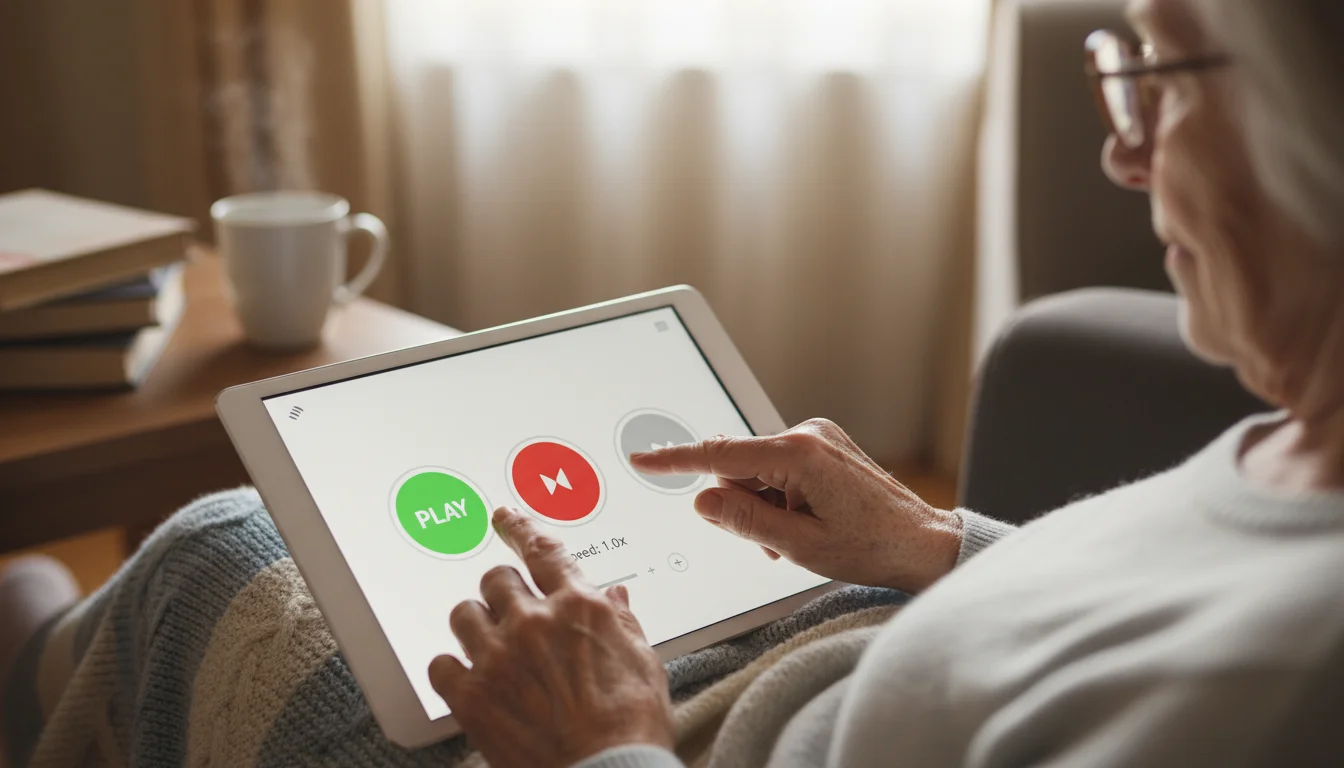 An elderly woman's hands are shown from a slightly overhead angle, interacting with a tablet displaying a clear audiobook interface with large buttons