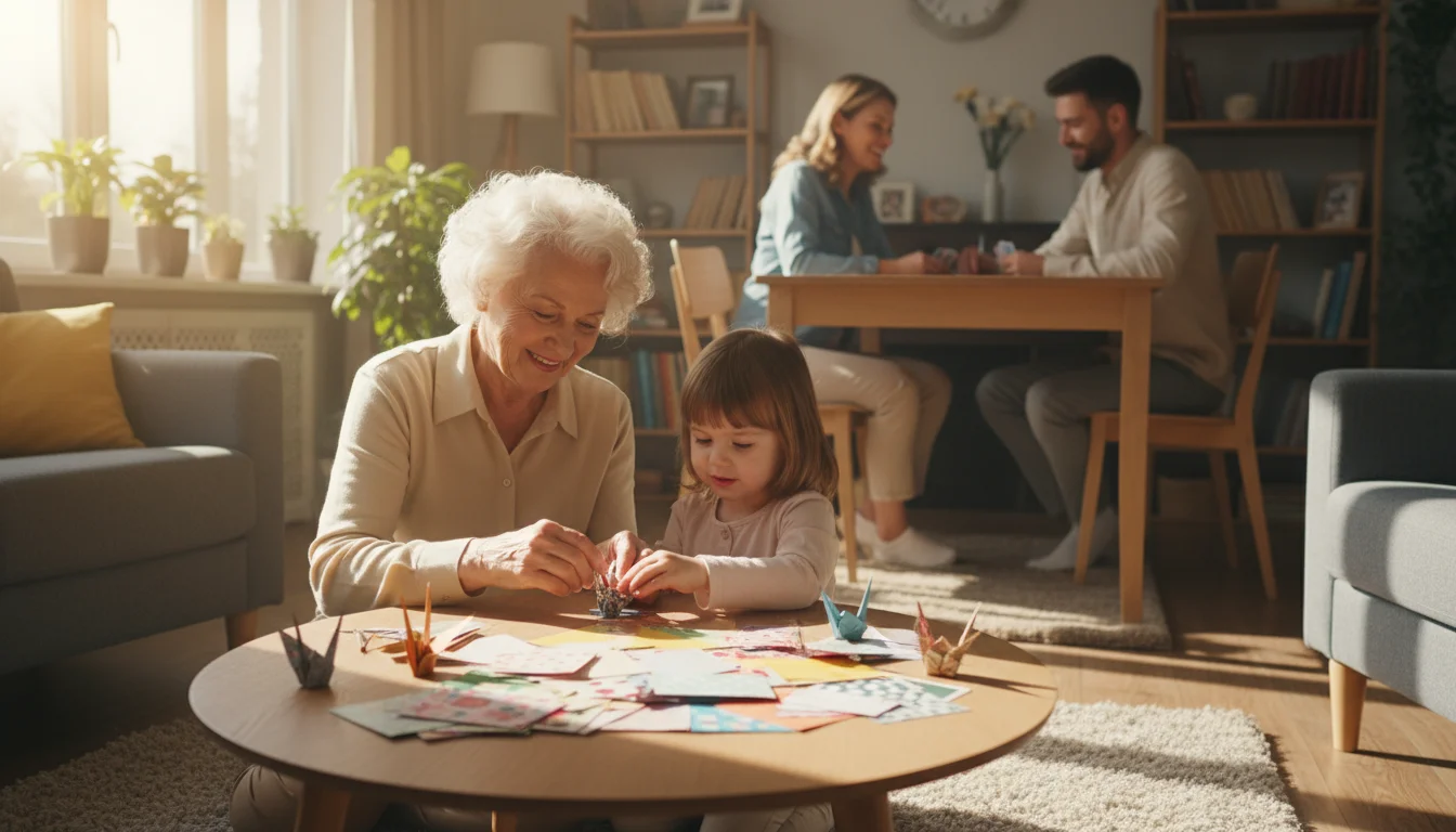 Elderly woman and young child doing origami at a coffee table, with two adults playing cards in the soft background, showing multi-generational family
