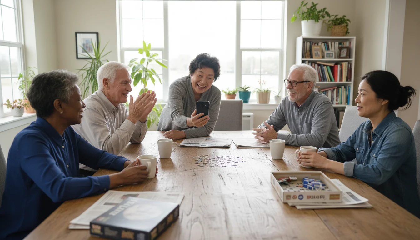 Five diverse seniors in a sunlit common room engage in a group discussion, one woman speaking while others listen attentively.