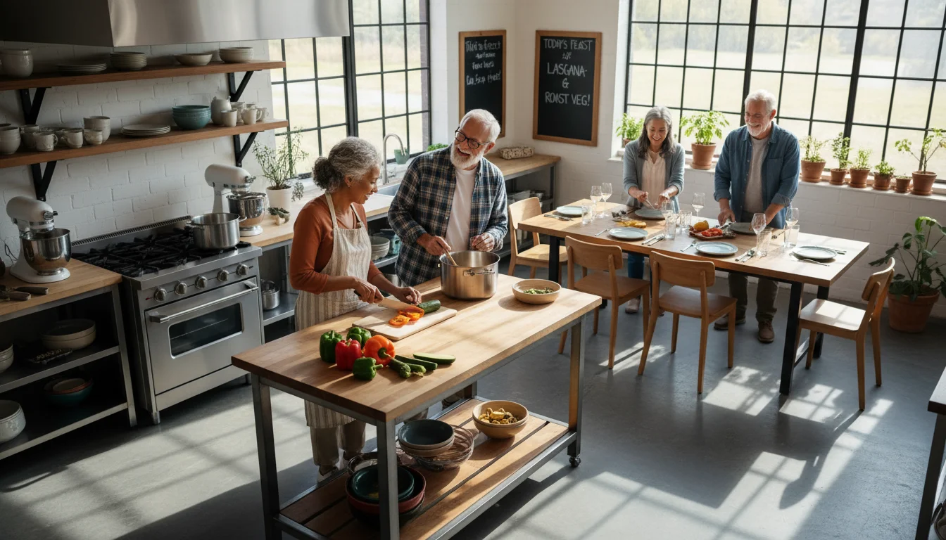 Four diverse older adults joyfully cook and set a table in a bright communal kitchen, embodying active community life.