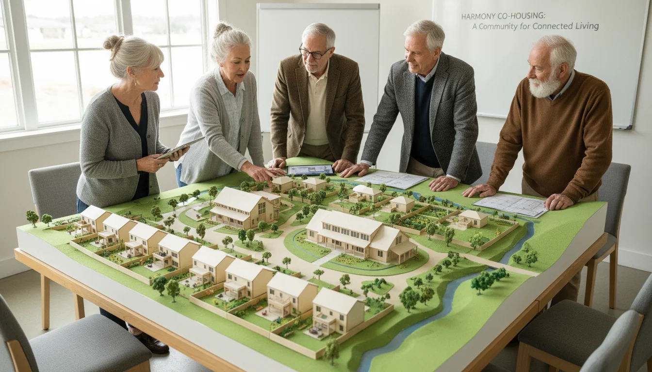 Four older adults examining an architectural model of a co-housing community, pointing at shared spaces and residences.
