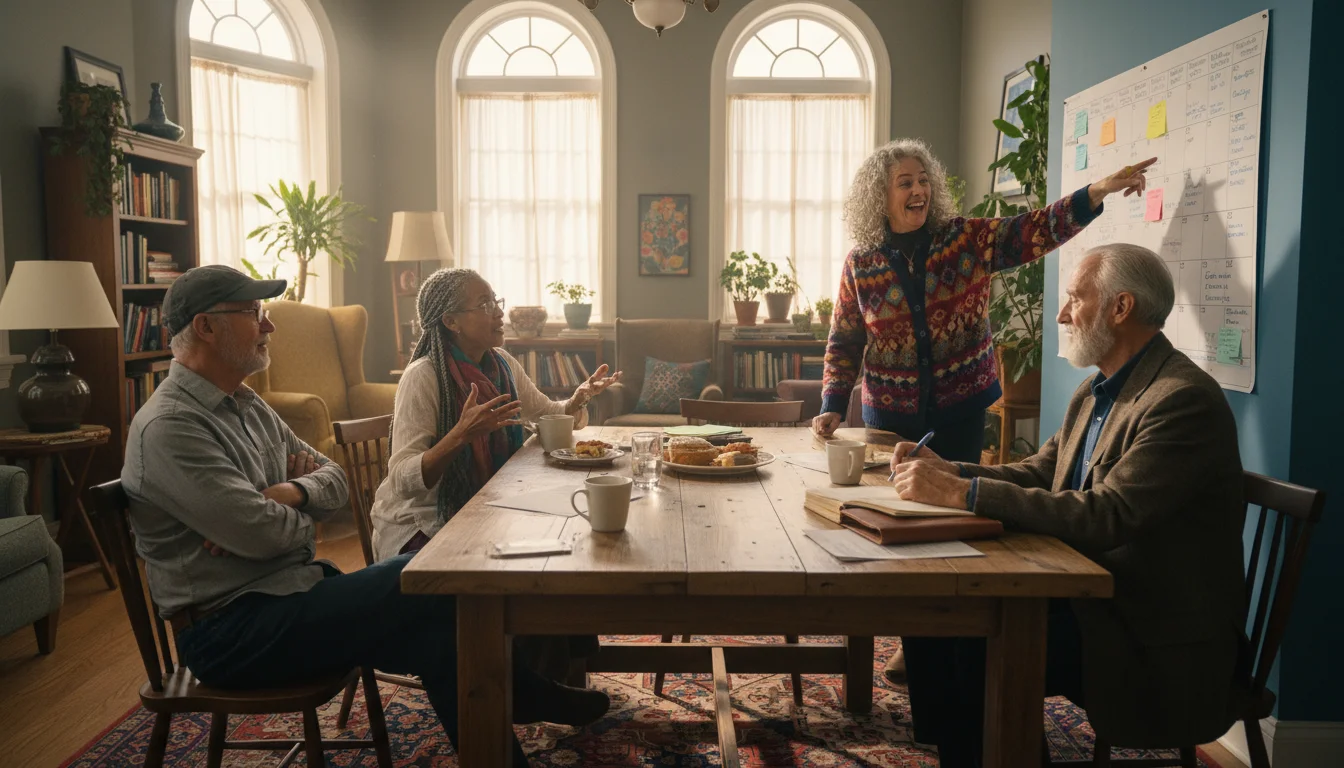 Four older adults in a bright common room gather around a table, actively discussing and planning an event using a calendar and notes.