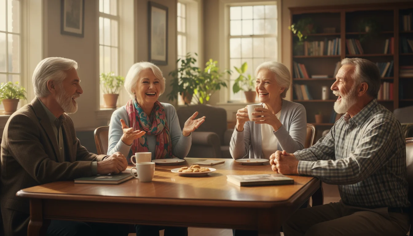 Four older adults sitting around a table in a bright room, smiling and talking animatedly, enjoying each other's company.