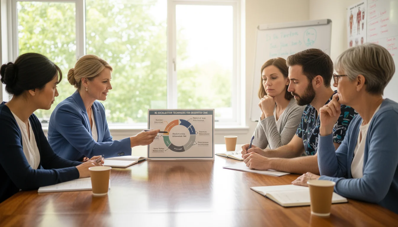 Four professionals in a bright training room. A supervisor points to a laminated infographic on a table while three caregivers observe intently.