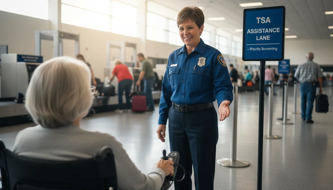 A friendly TSA officer, smiling, gestures a woman in a motorized wheelchair towards a dedicated airport security assistance lane. Other travelers blur