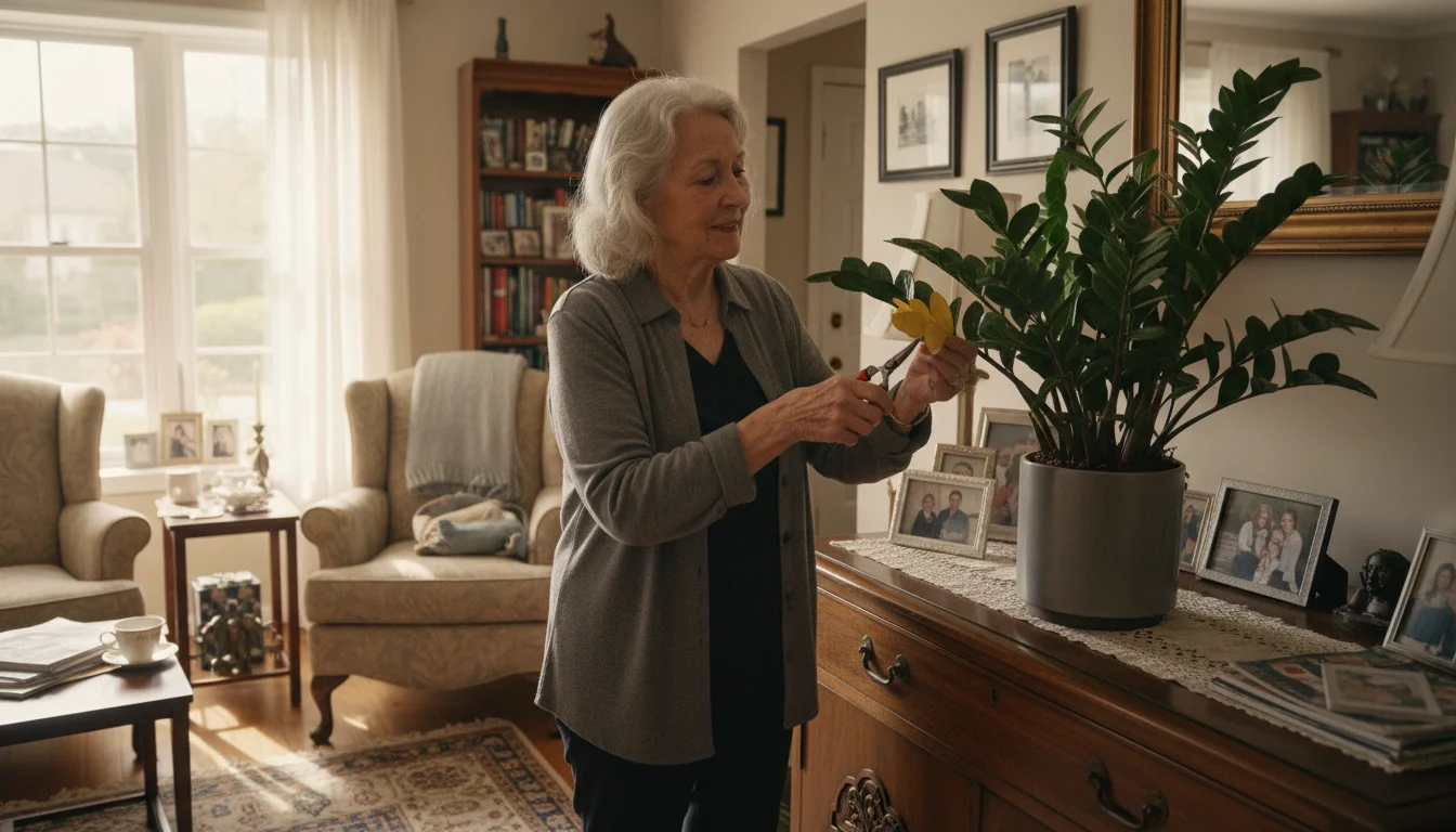 A gentle older woman prunes a lush green ZZ houseplant on a polished wooden credenza in a sunny living room.
