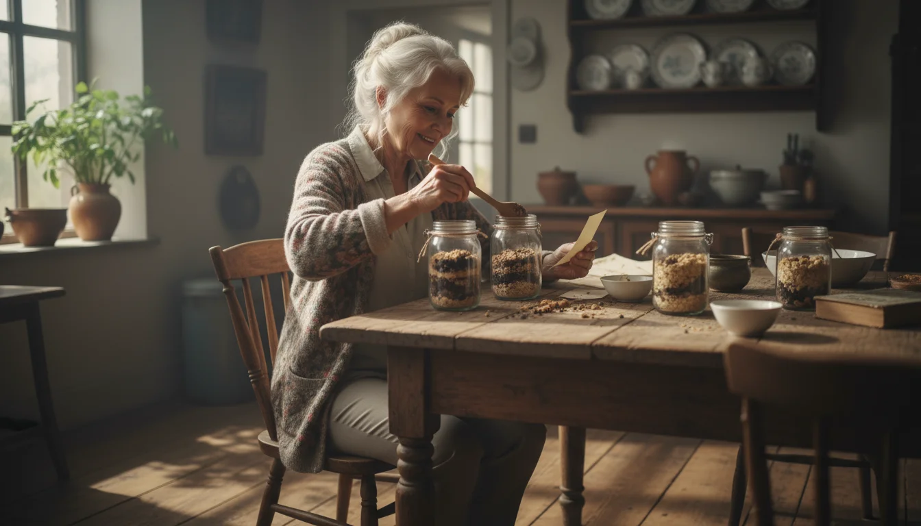 A grandmother and adult granddaughter at a kitchen table, filling jars with homemade cookie mix and writing notes.
