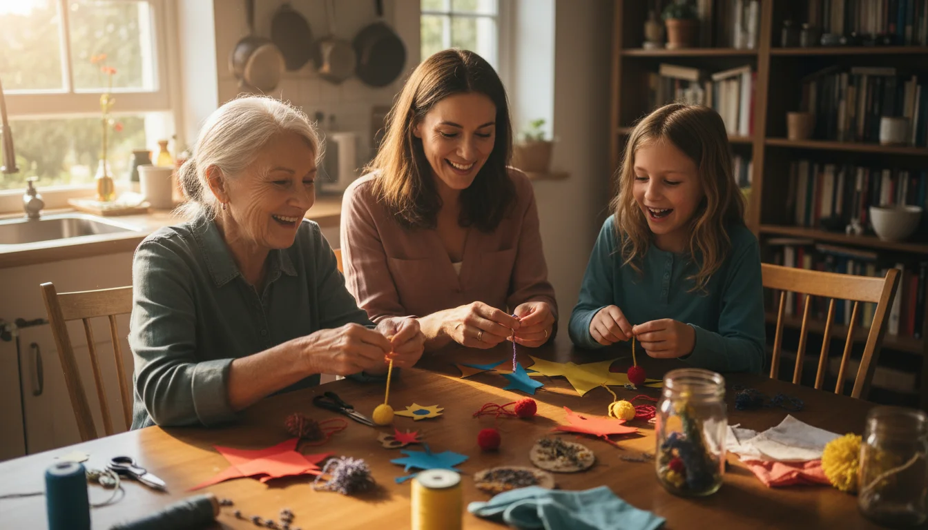 A grandmother, daughter, and grandchild craft colorful paper decorations and favors around a bright kitchen island.