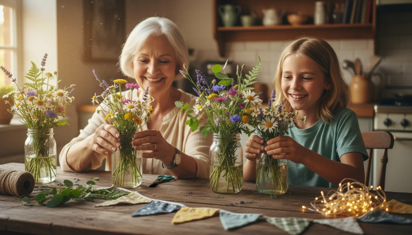 Grandmother and grandchild's hands gently arranging fresh wildflowers and greenery into mason jars on a rustic wooden table.