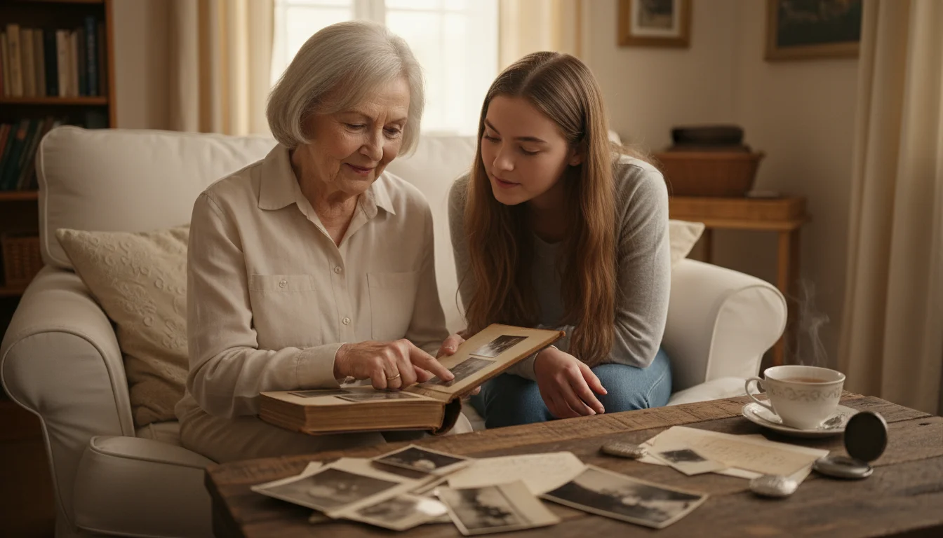 Grandmother and granddaughter look at an old photo album. Loose photos, letters, and an antique locket are on a nearby table.