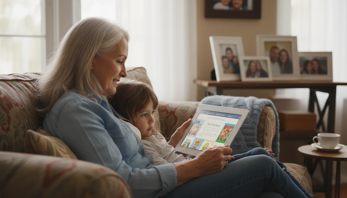 Grandmother and granddaughter share a tablet on a sofa, illuminated by soft window light, with family photos nearby.
