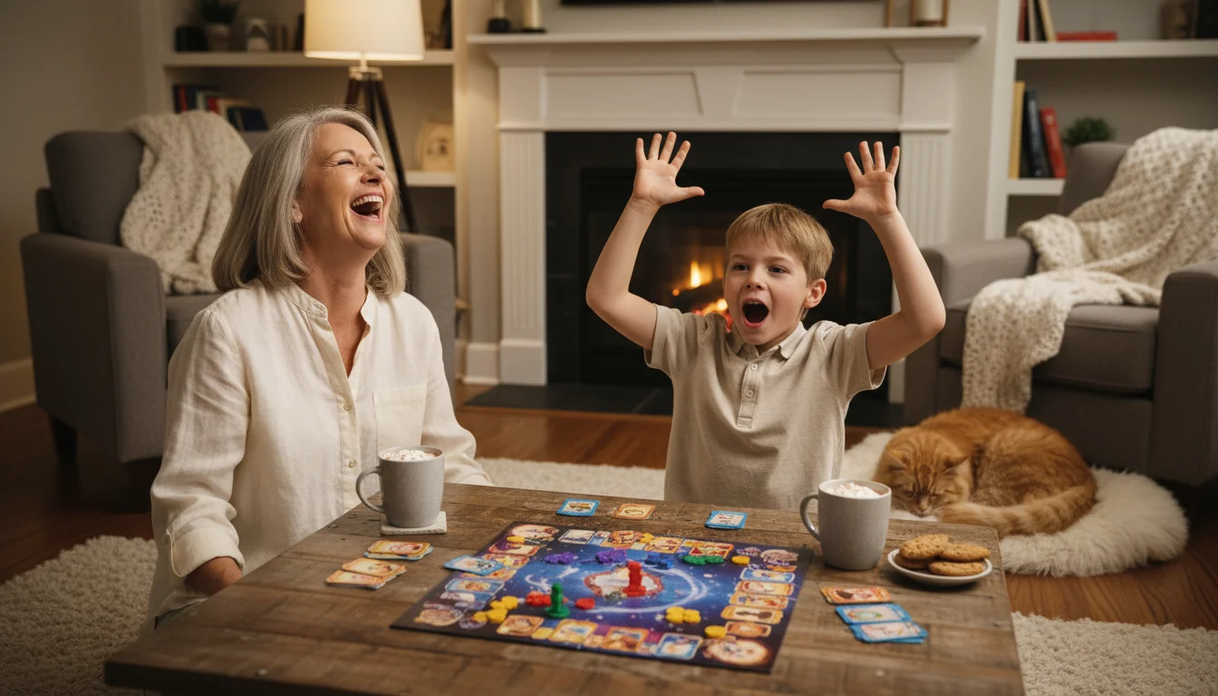 Grandmother and grandson laughing animatedly over a colorful board game on a wooden table, mugs nearby.